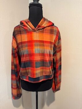 Topshop Plaid Hooded Crop in Rust and Burnt Orange